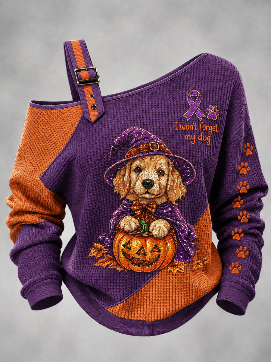 Kvinnors hund Halloween Alzheimers tryckta en axel våffla Casual Sweatshirt