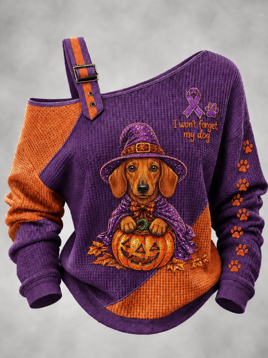 Damtröja med hundmotiv till halloween, tryckt med alzheimers-tema, på en axel, våffelmönstrad och avslappnad sweatshirt