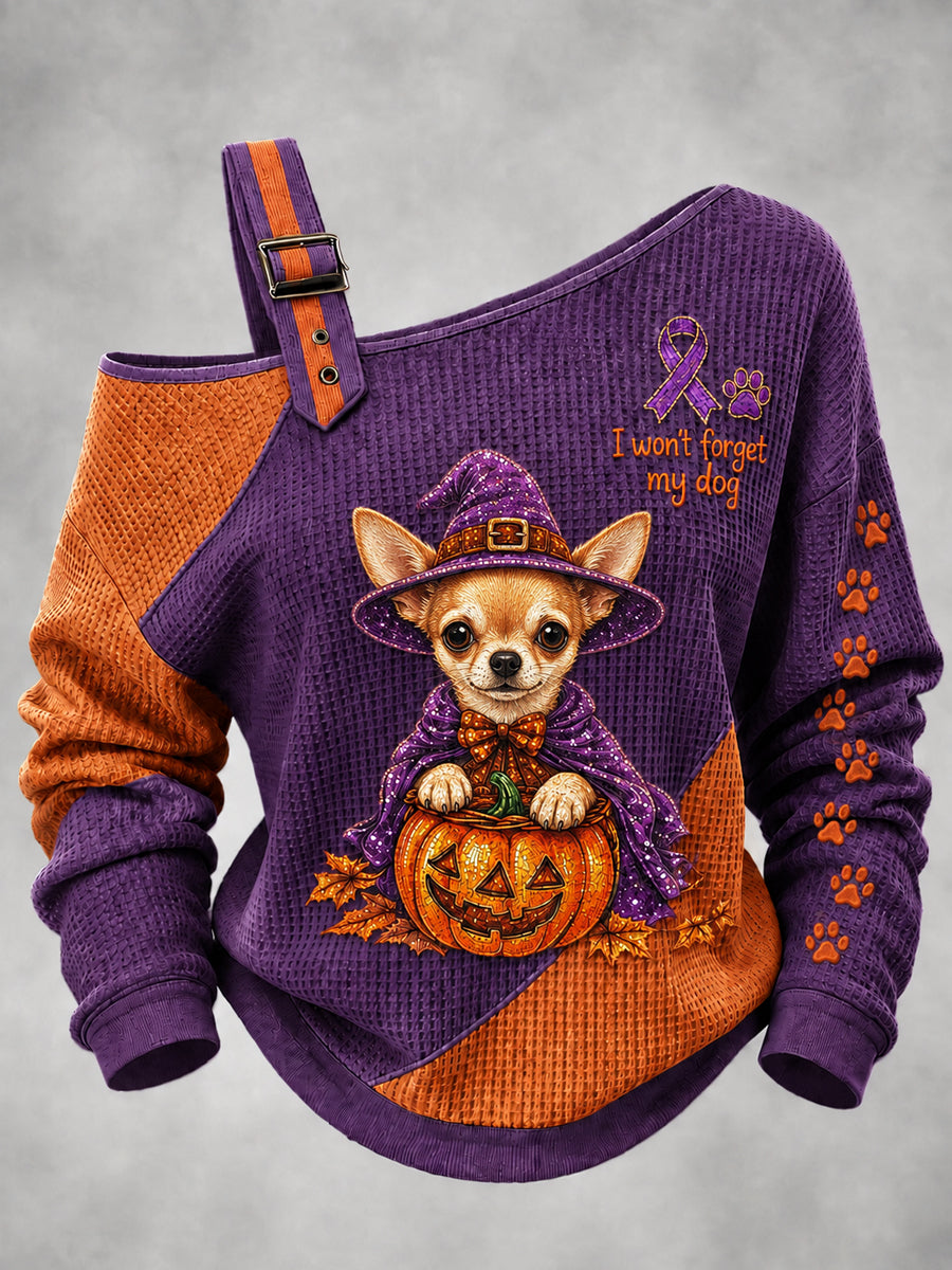 Damtröja med hundmotiv till halloween, tryckt med alzheimers-tema, på en axel, våffelmönstrad och avslappnad sweatshirt