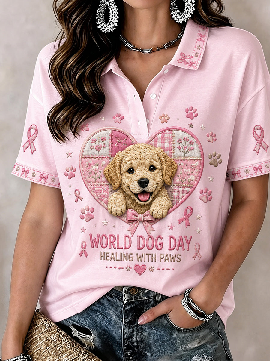 Bröstcancermedvetandet-shirt i pikétröjestyling med djurmönster och korta ärmarna för kvinnor