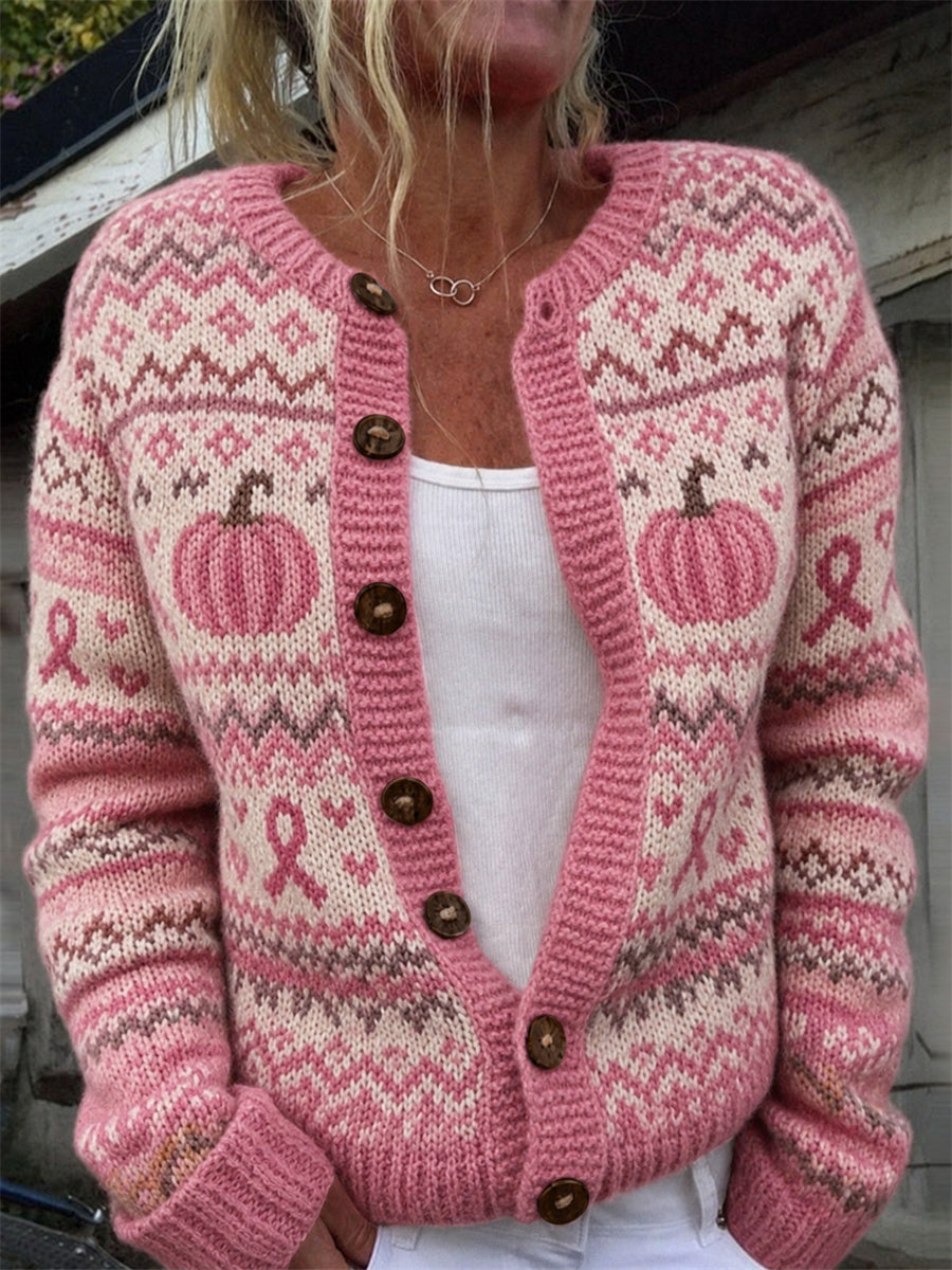 Kvinnors Vintage rosa pumpor & Rosa Ribbon Isle Mönster Skriv ut Cardigan