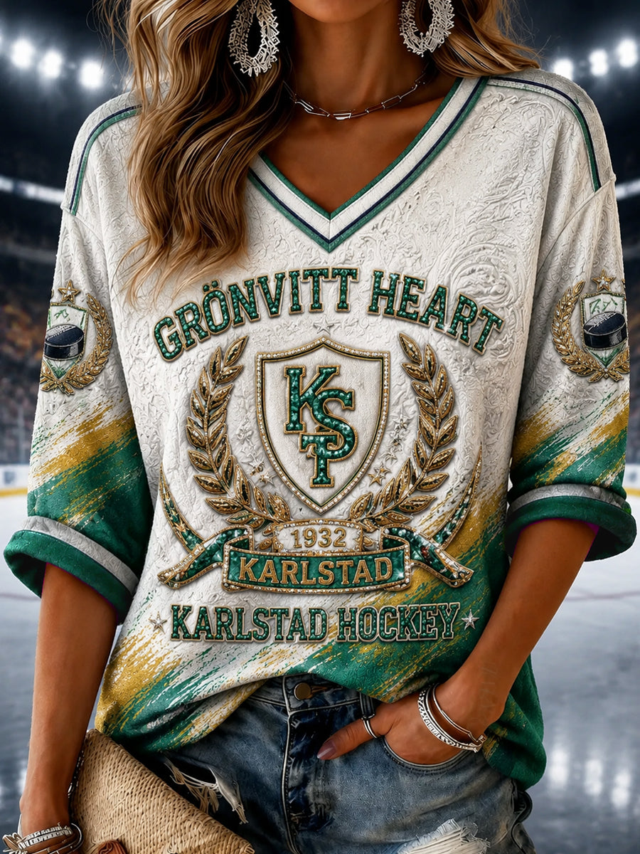 Dammens retro HOCKEY-T-SHIRT MED V-UGNING I GRÖNT OCH VITT