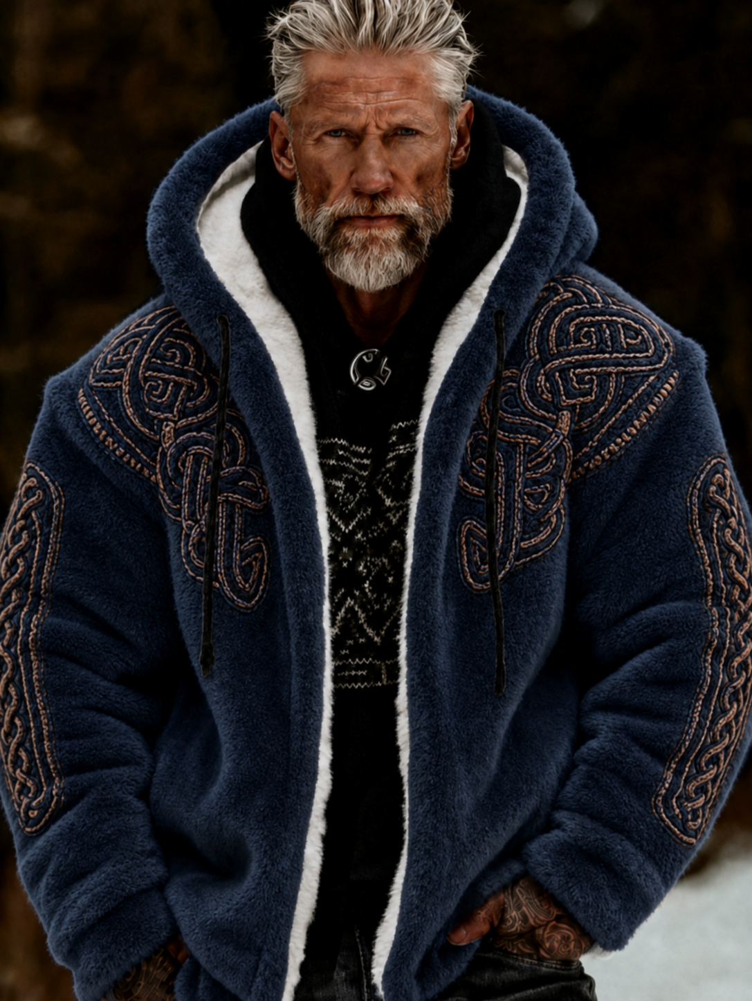 Herrlig viking- och keltiskt konstnärlig plyschjacka med dragkedja och huva, mysigt varm