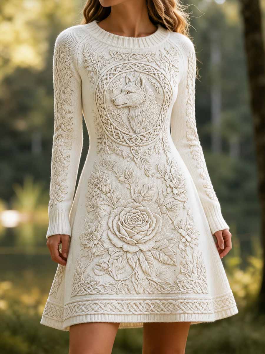 Kvinners vintage vikingklesdress med skogulv-print