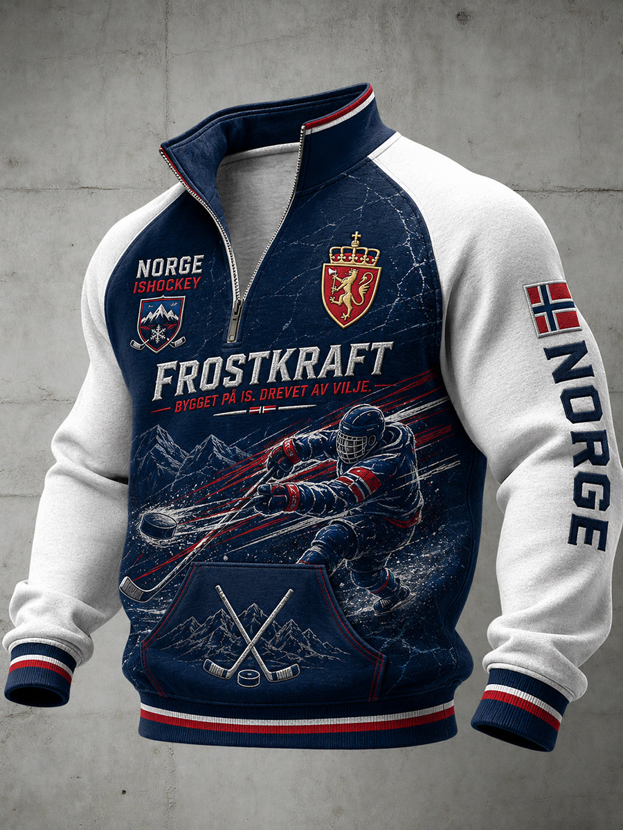 Herrtrøye med raglanermer og glidelås, med hockeymotiv