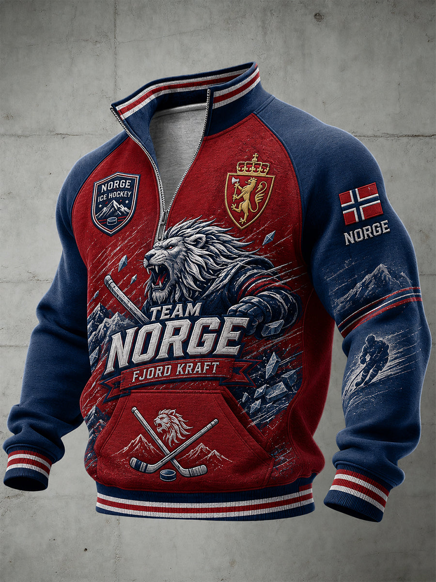 Herrtrøye med raglanermer og glidelås, med hockeymotiv