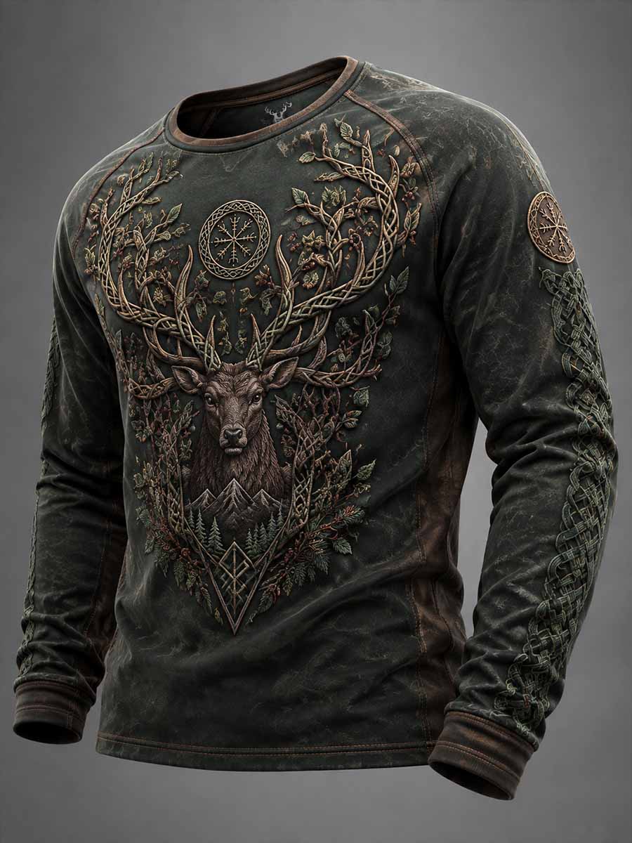 Herrers retro vikinggenser med hjortetrykk i skogsmotiv
