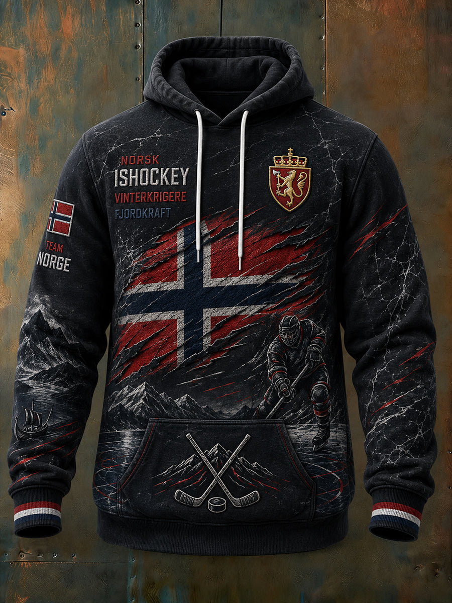 Herretrøye med lange ermer og hette, prydet med et ishockeymotiv