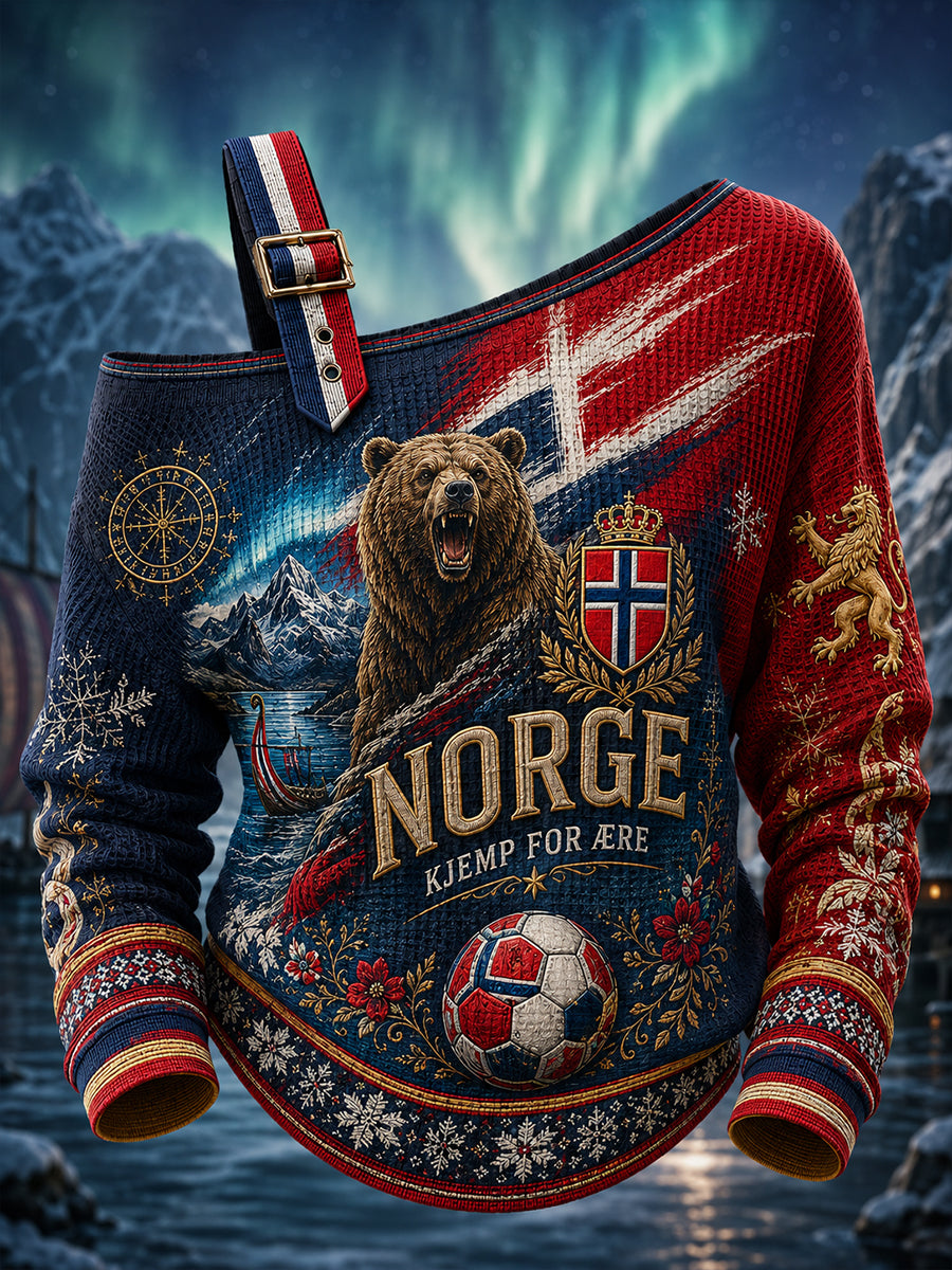Damegenser med norsk fotballtrykk, uformell skulderløs strikkegenser
