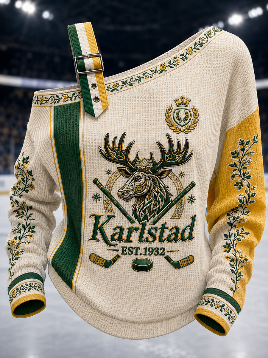 Kvinnlig Grönvitt Hockeyarv-vintagetröja med avslappnad off-shoulder-print