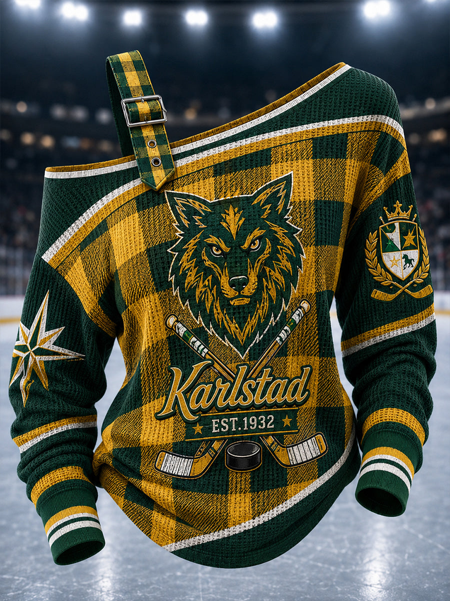 Kvinnlig Grönvitt Hockeyarv-vintagetröja med avslappnad off-shoulder-print