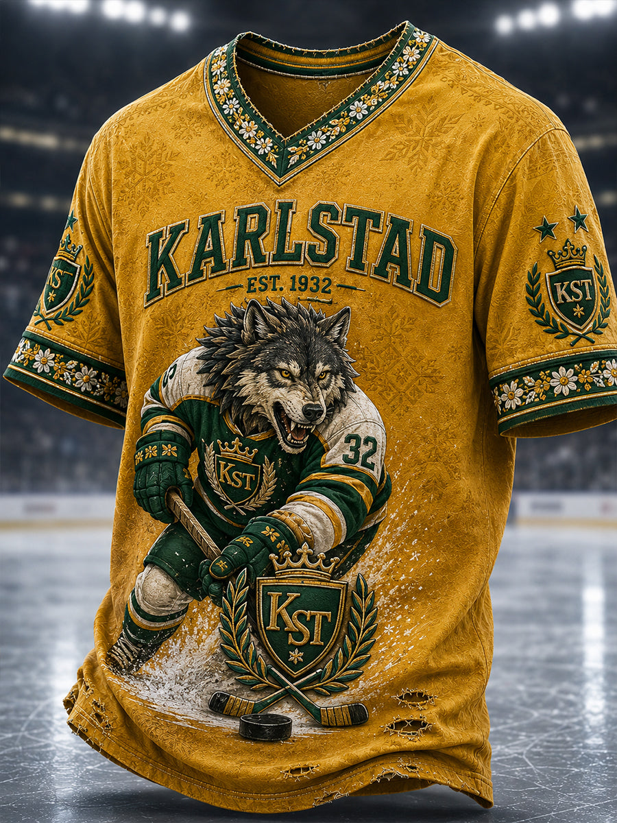 Herr Grönvitt Hockeyarv Vintage V-ringad T-shirt