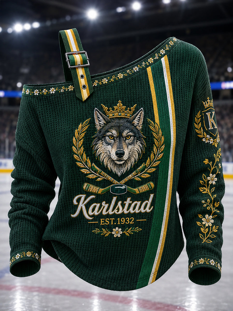 Kvinnlig Grönvitt Hockeyarv-vintagetröja med avslappnad off-shoulder-print