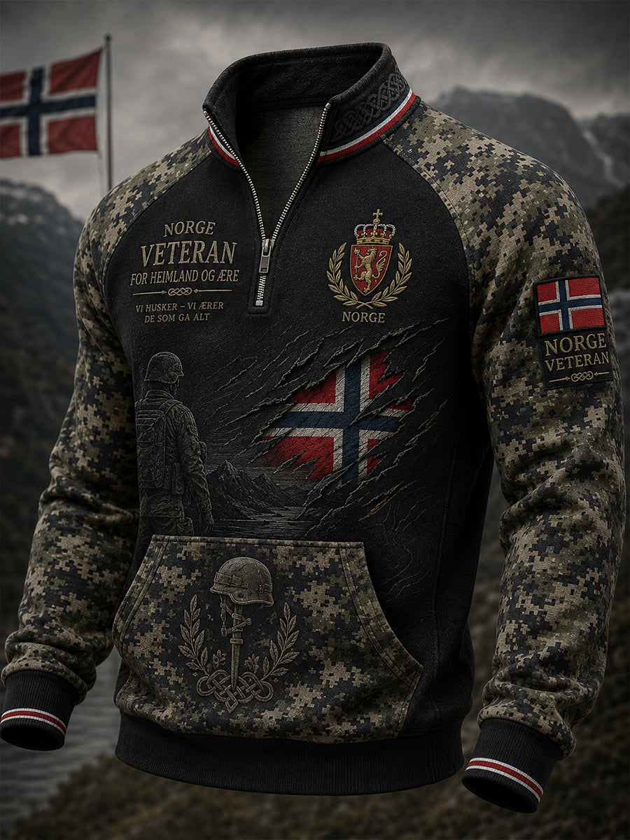 Genser med glidelås for menn, med vintage kamouflagemønster og militært inspirert grafisk trykk