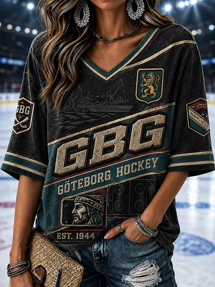 Damtröja i linne med V-ringning, Göteborg Hockey Heritage-mönster, 1944