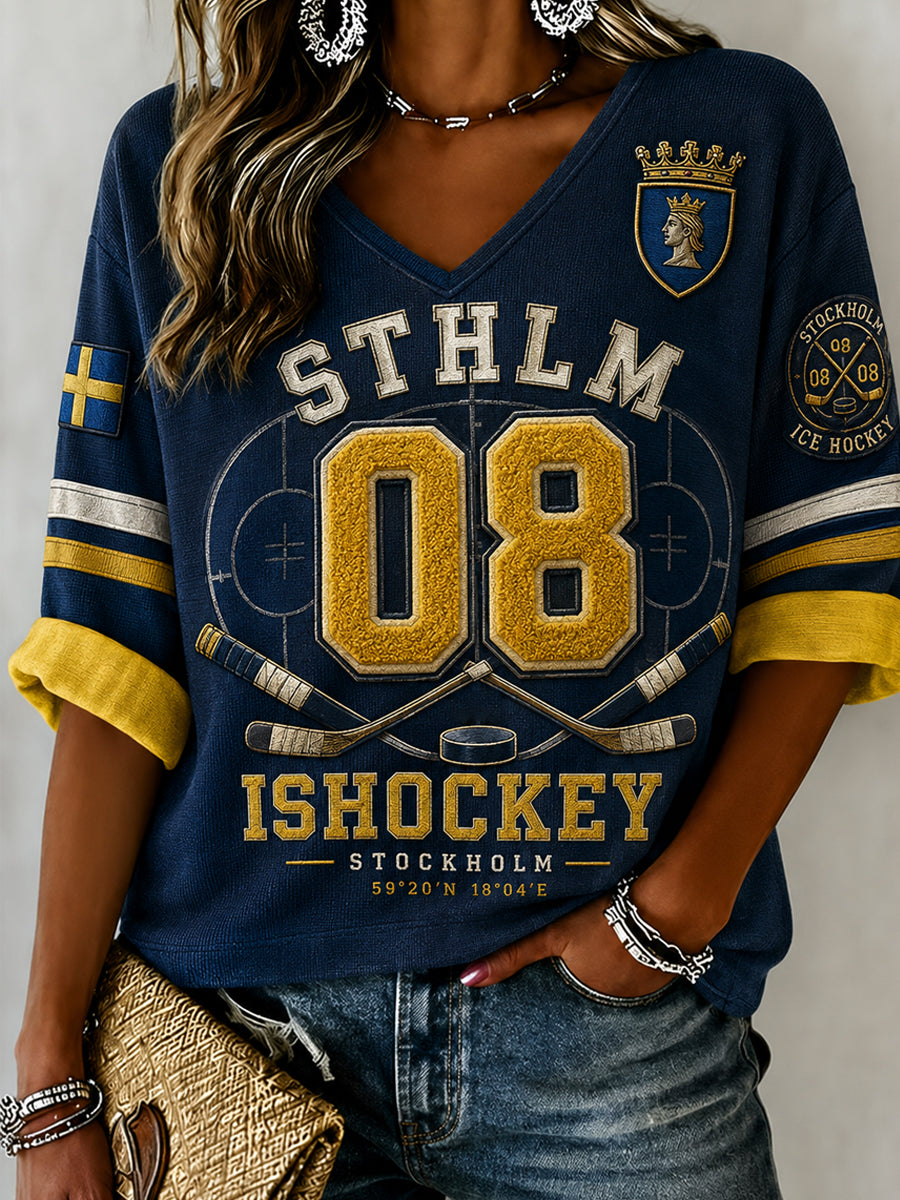 Damskjorta i linne med V-ringning, Stockholms Ishockey 1891-mönster