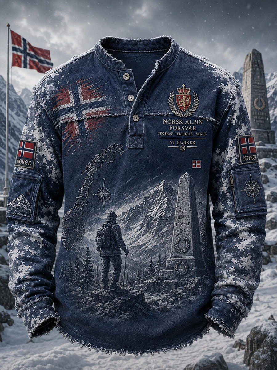 Herrtrøye med lange ermer, vintage-kamuflasje og militært inspirerte motiver