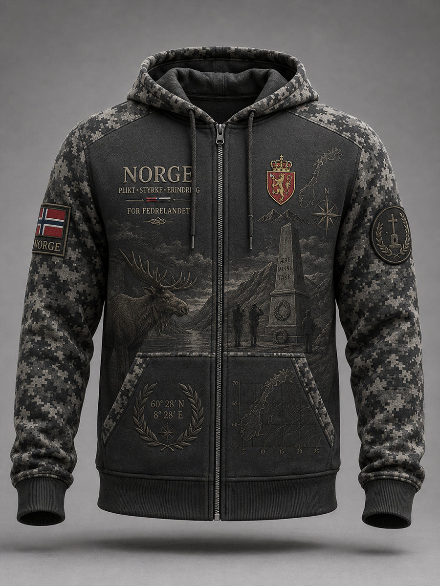 Gammelmoderne kamuflasjemønster for menn i militærstil, langermet hettegenser med glidelås