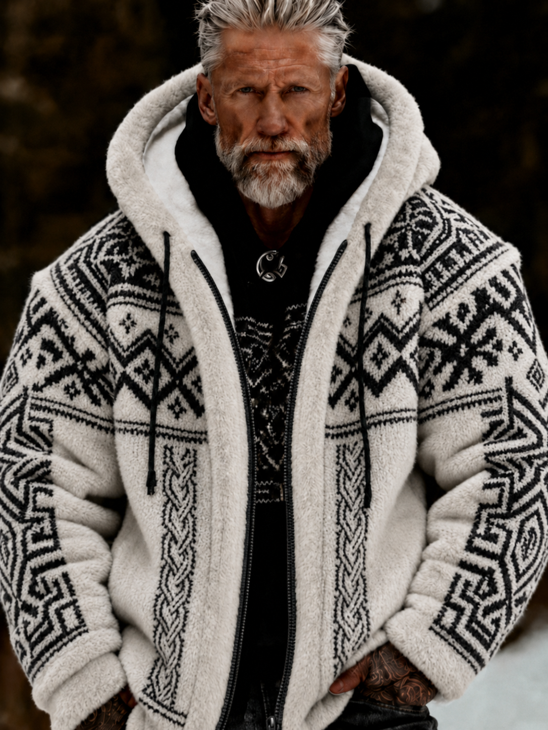 Herrlig viking- och keltiskt konstnärlig plyschjacka med dragkedja och huva, mysigt varm