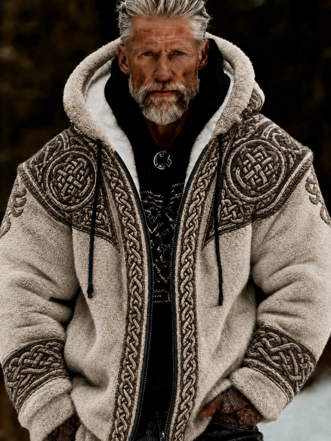 Herrlig viking- och keltiskt konstnärlig plyschjacka med dragkedja och huva, mysigt varm