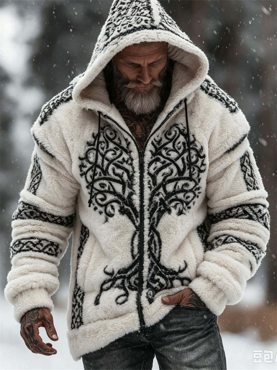 Herrvintage vikingaträd livets keltiska knuttryck fulldragkedja mysig flanellhuvtröja