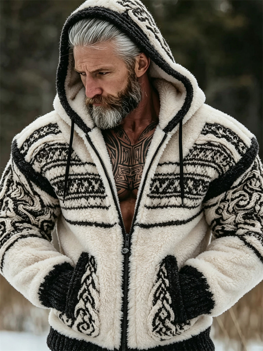 Mansvintage vikingkeltiskt knutmönstrat mysigt flanellhuvtröja med full dragkedja