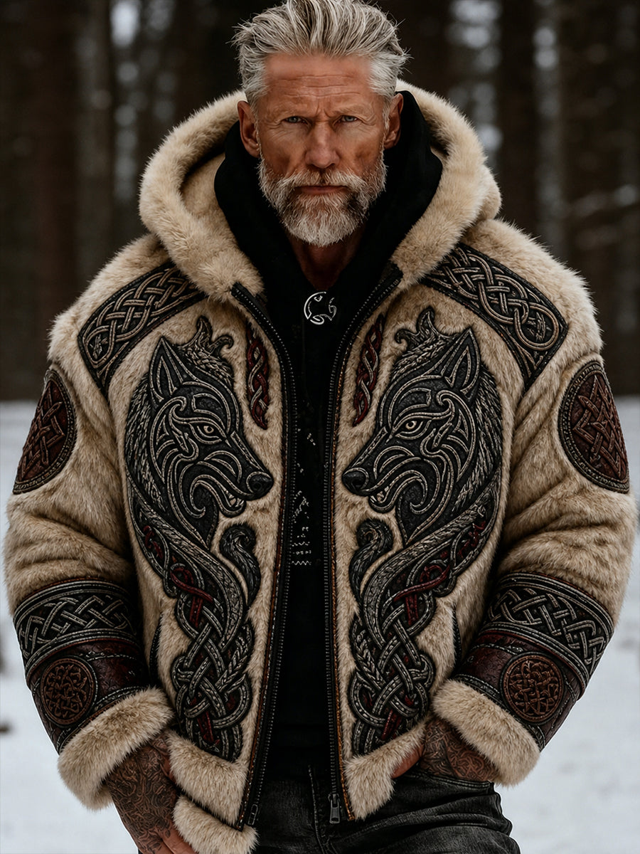Herrlig retrovikingakulturkonsttryck, avslappnad och bekväm flanelljacka med huva