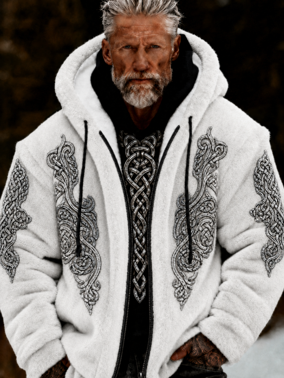 Herrlig viking- och keltiskt konstnärlig plyschjacka med dragkedja och huva, mysigt varm