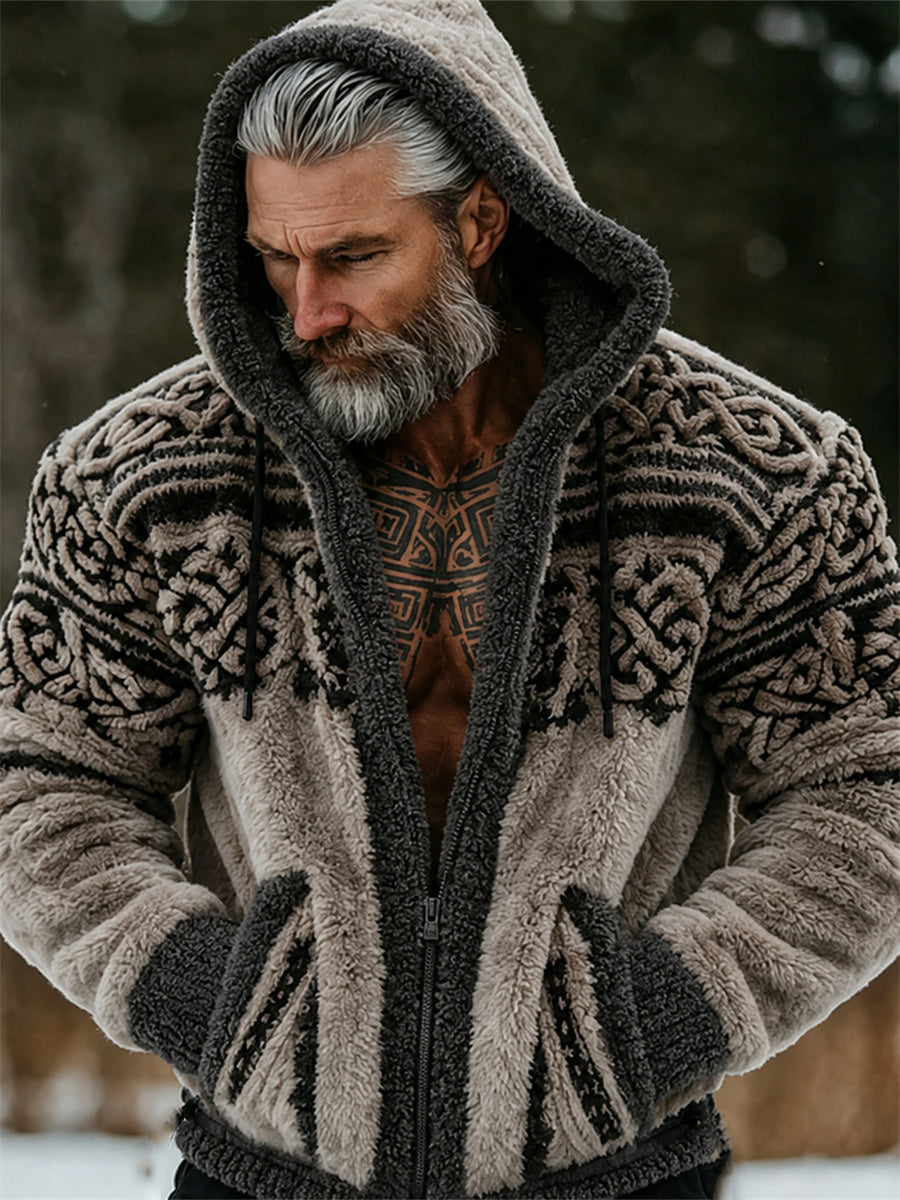 Mansvintage vikingkeltiskt knutmönstrat mysigt flanellhuvtröja med full dragkedja