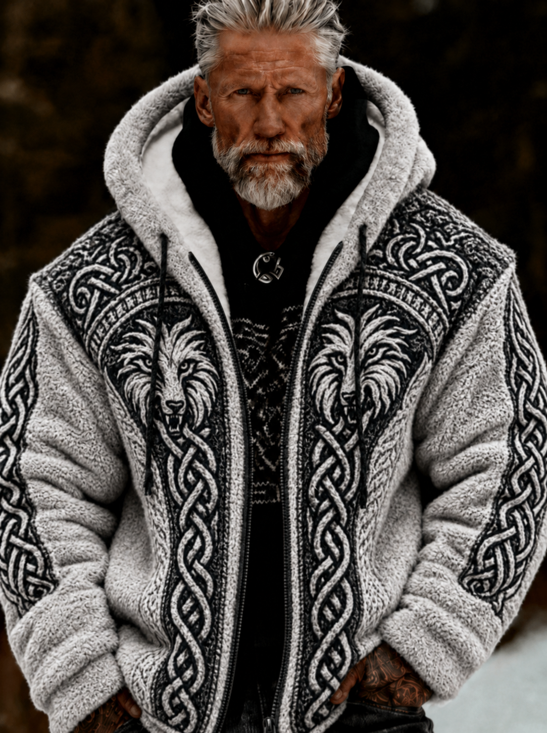 Herrlig viking- och keltiskt konstnärlig plyschjacka med dragkedja och huva, mysigt varm