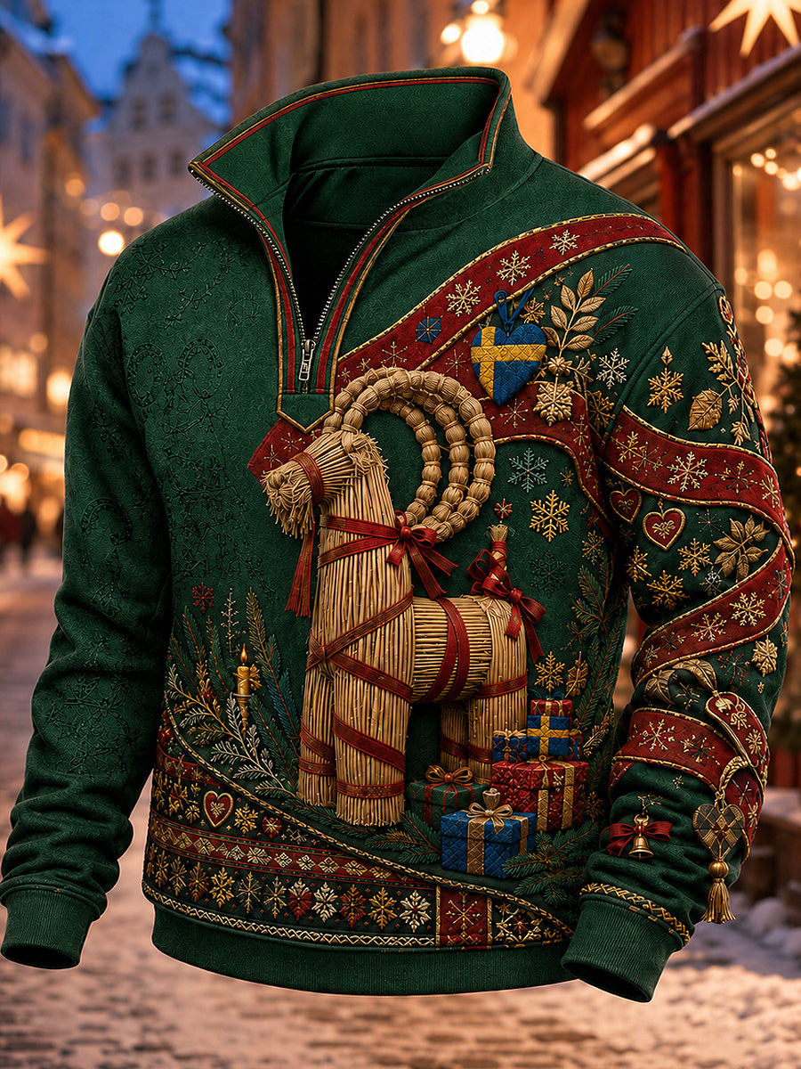 Svensk jultryckt casual sweatshirt med dragkedja för män