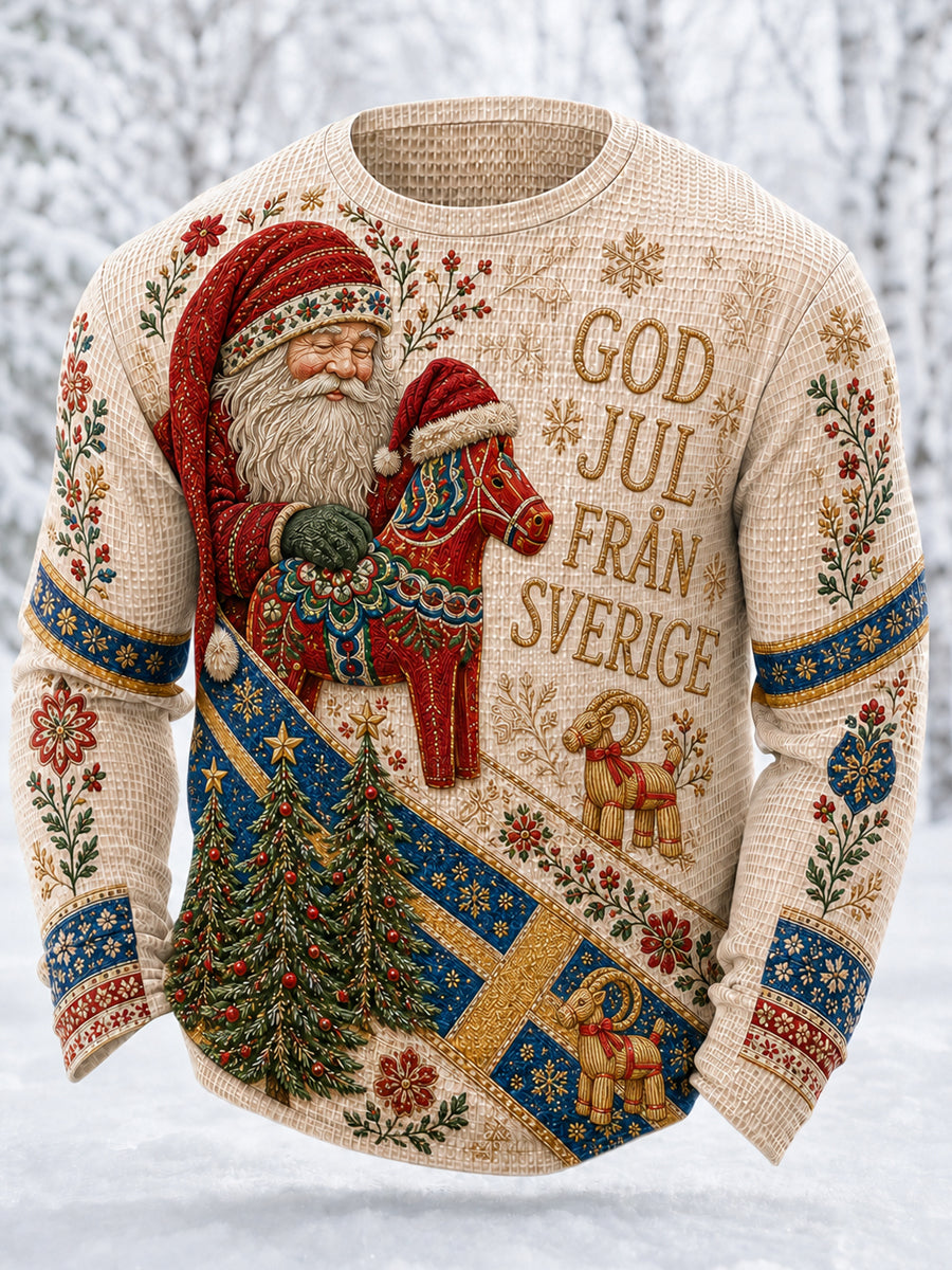 Herrtröja i svenskt jultema med vaflemönster, långärmad och rund hals