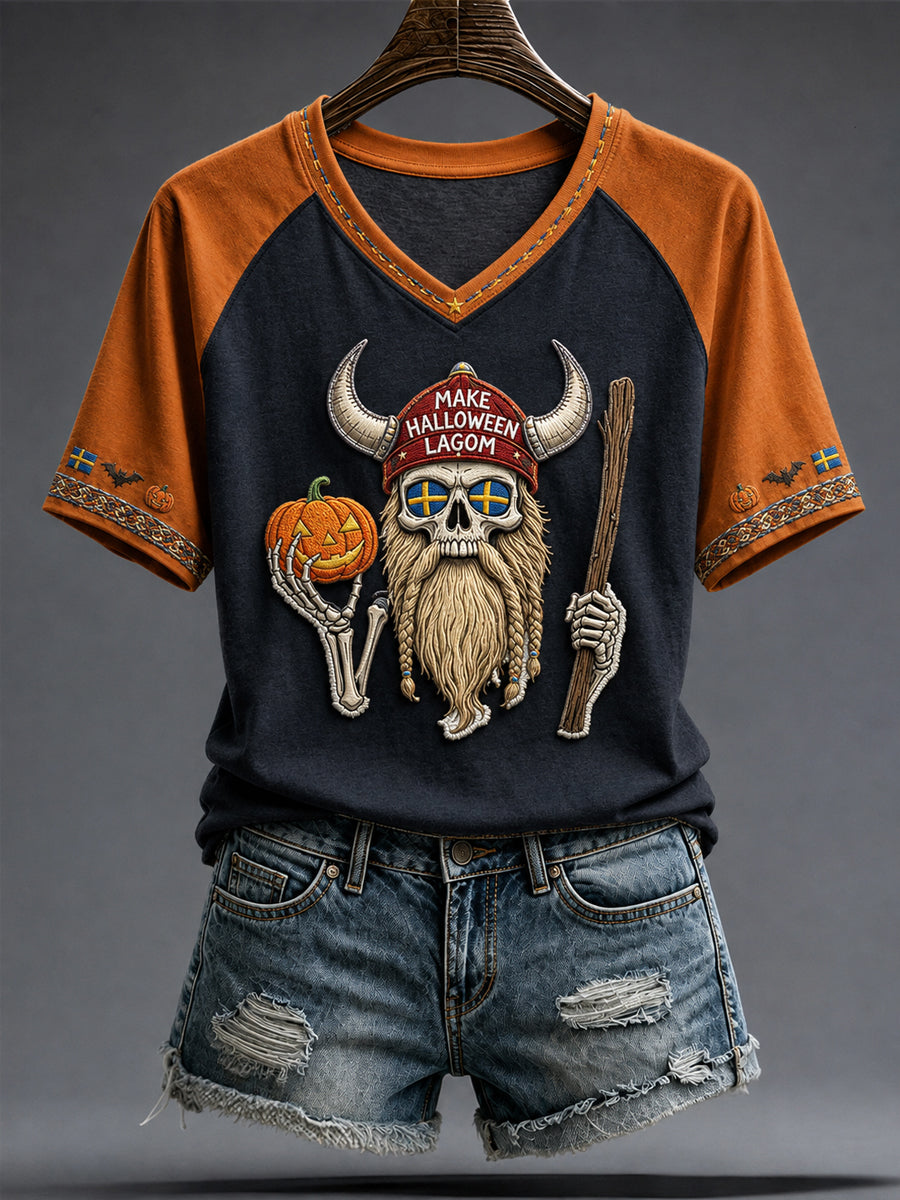 Dammkläder Sverige Halloween Rolig Vikingakonst Tryckt T-shirt