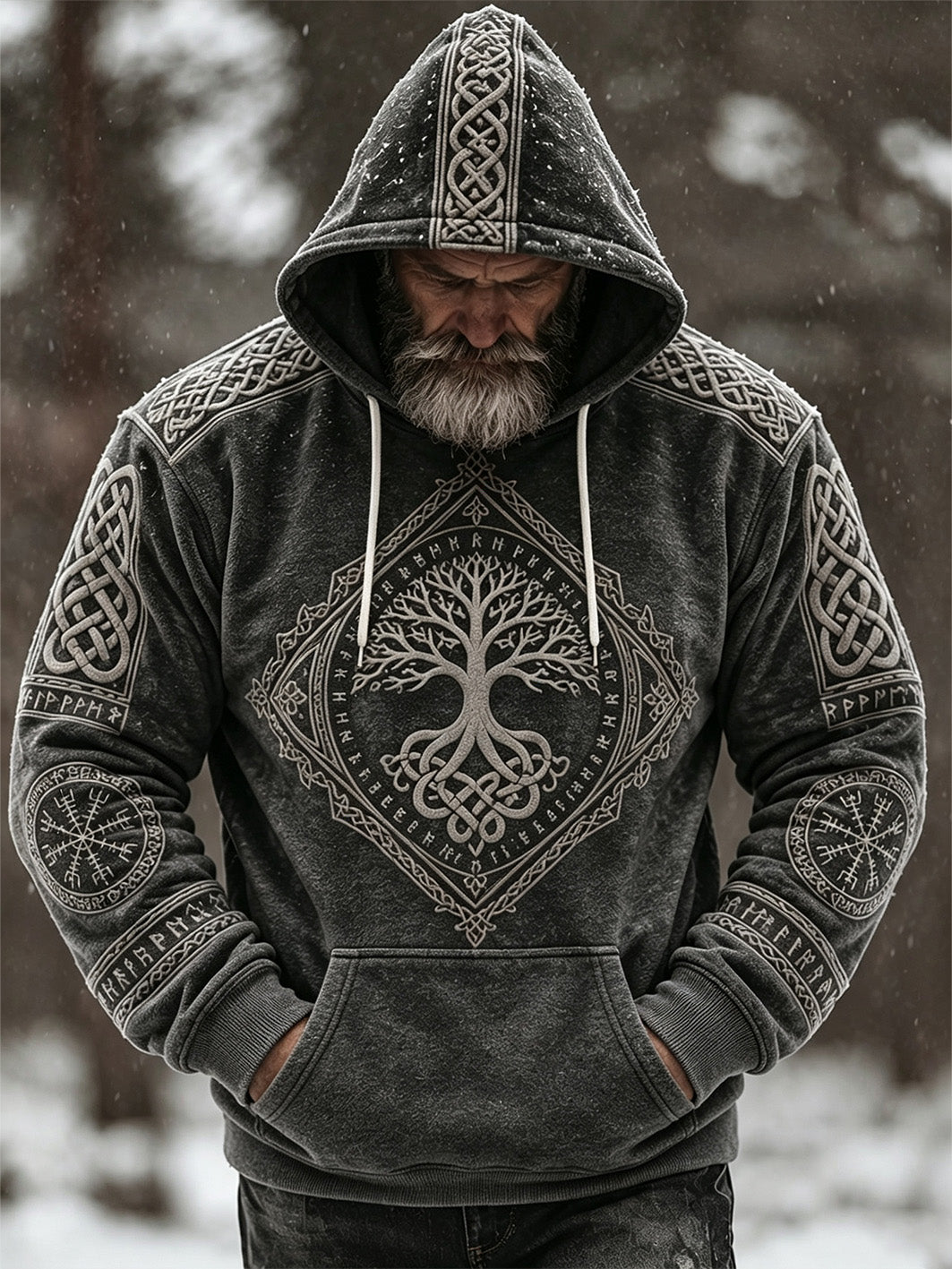 Mans retro vikingkeltiskt mönsterdesign avslappnad flanellhuvtröja