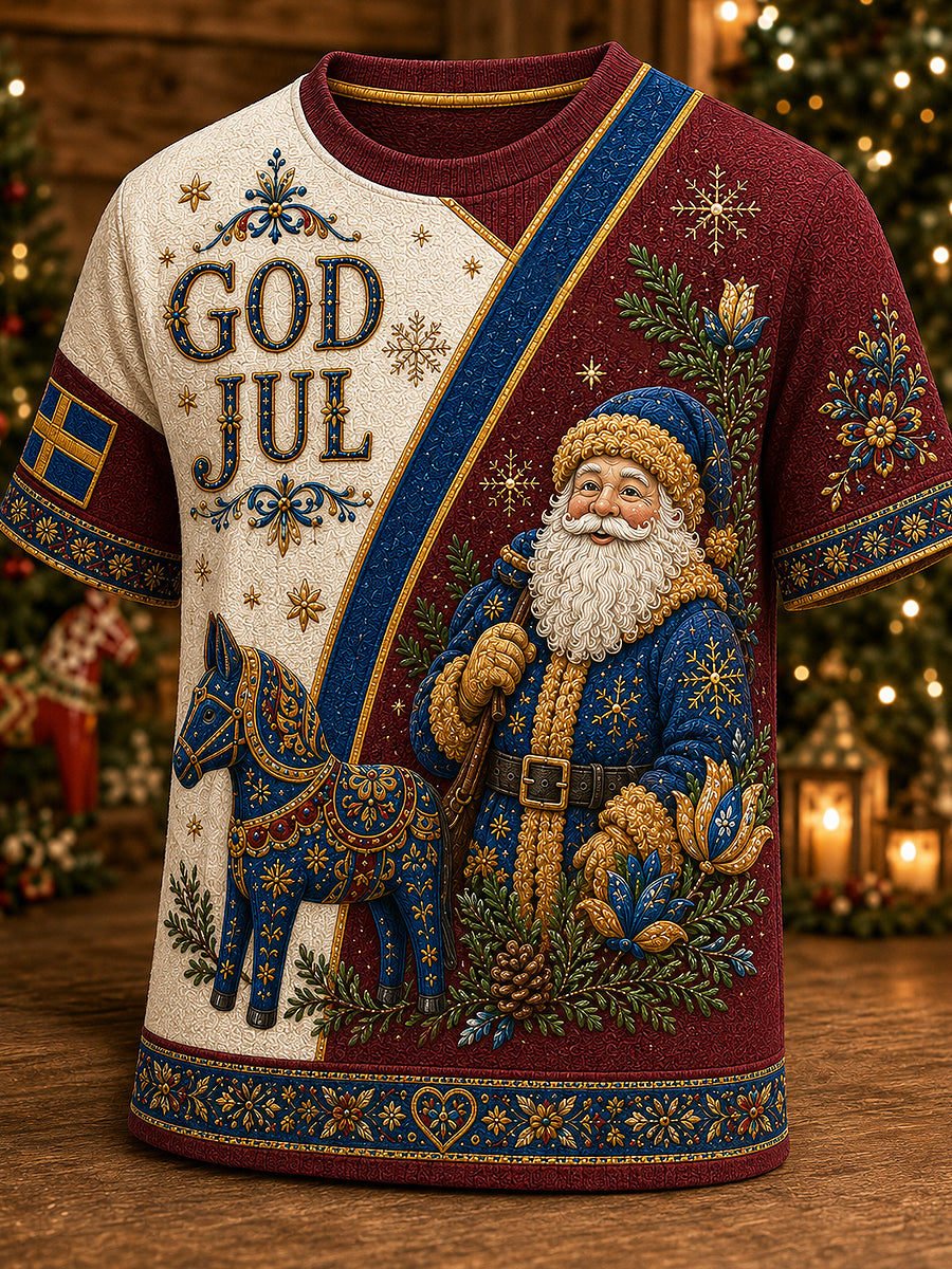 Herrlig jultröja i svensk stil med tryckt mönster, vintagemode, löst sittande och kort ärm