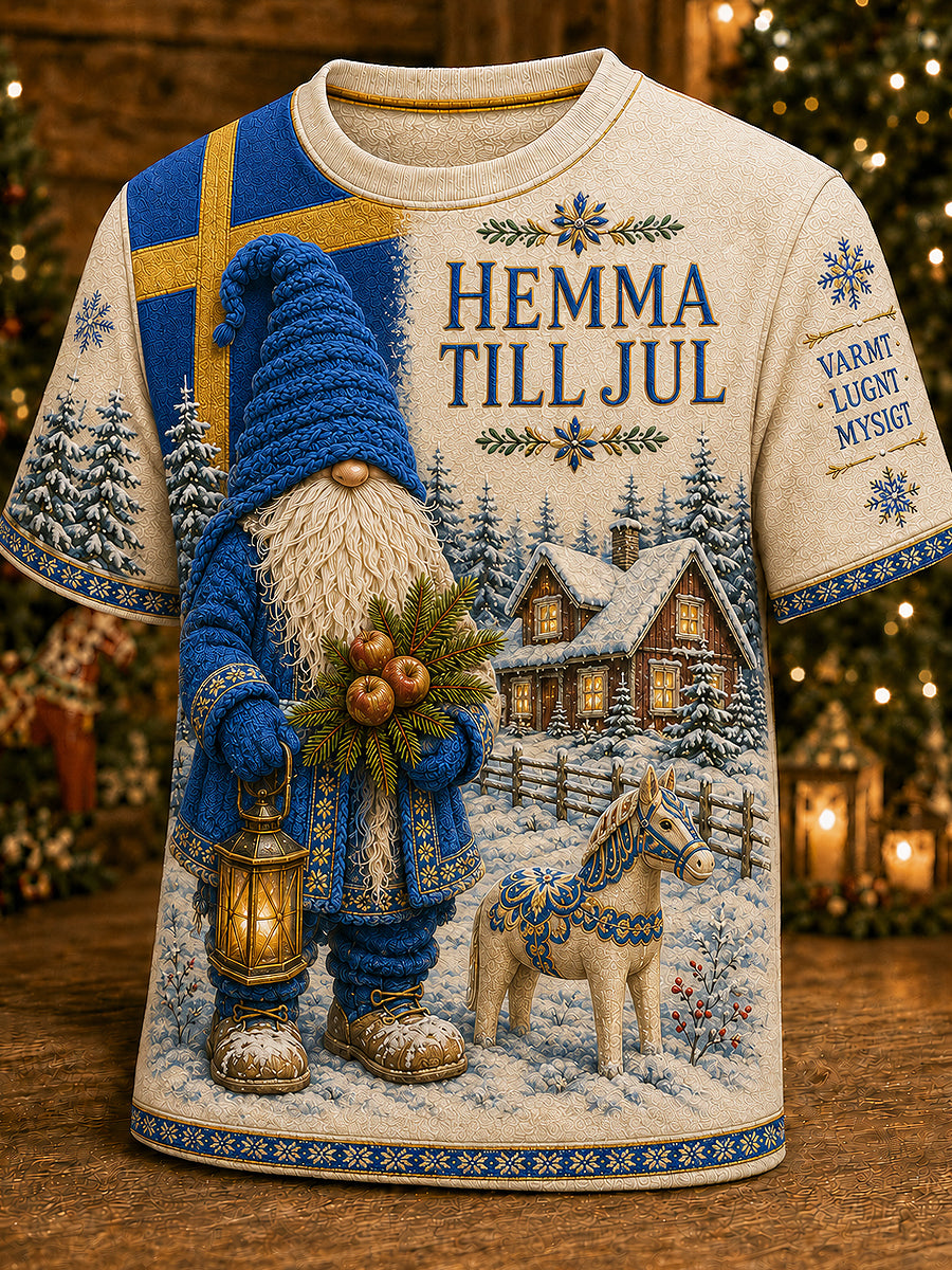 Herrlig jultröja i svensk stil med tryckt mönster, vintagemode, löst sittande och kort ärm