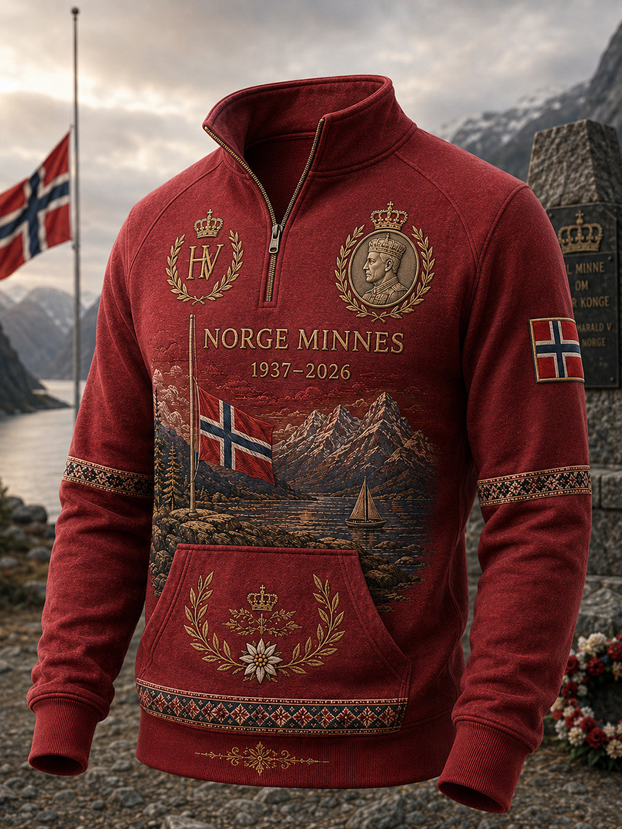 Herrers tildels glidelås svettergens med oppretstående krage til minne om Kong Harald V av Norge
