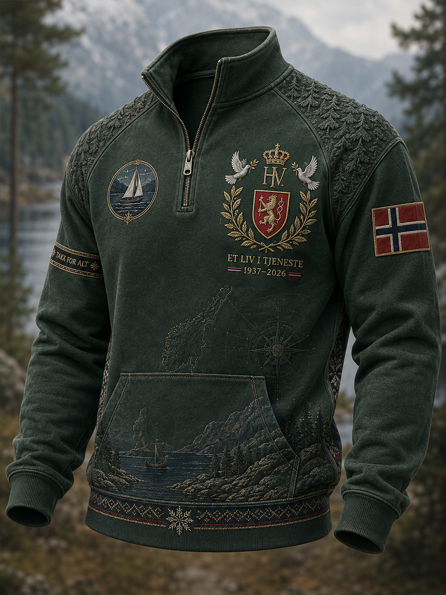Herrers tildels glidelås svettergens med oppretstående krage til minne om Kong Harald V av Norge