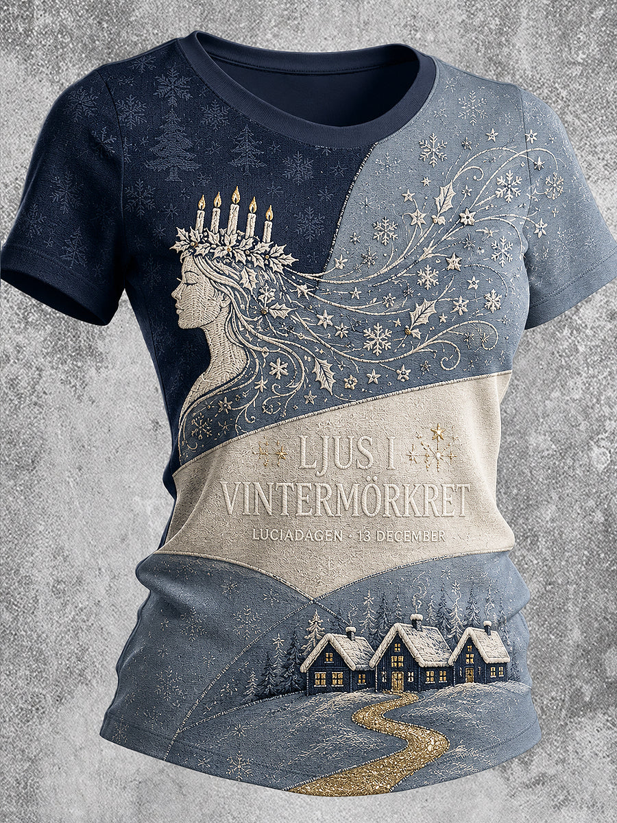 Kvinnlig lucialjusprintad vintage-mode lös t-shirt med kort ärm