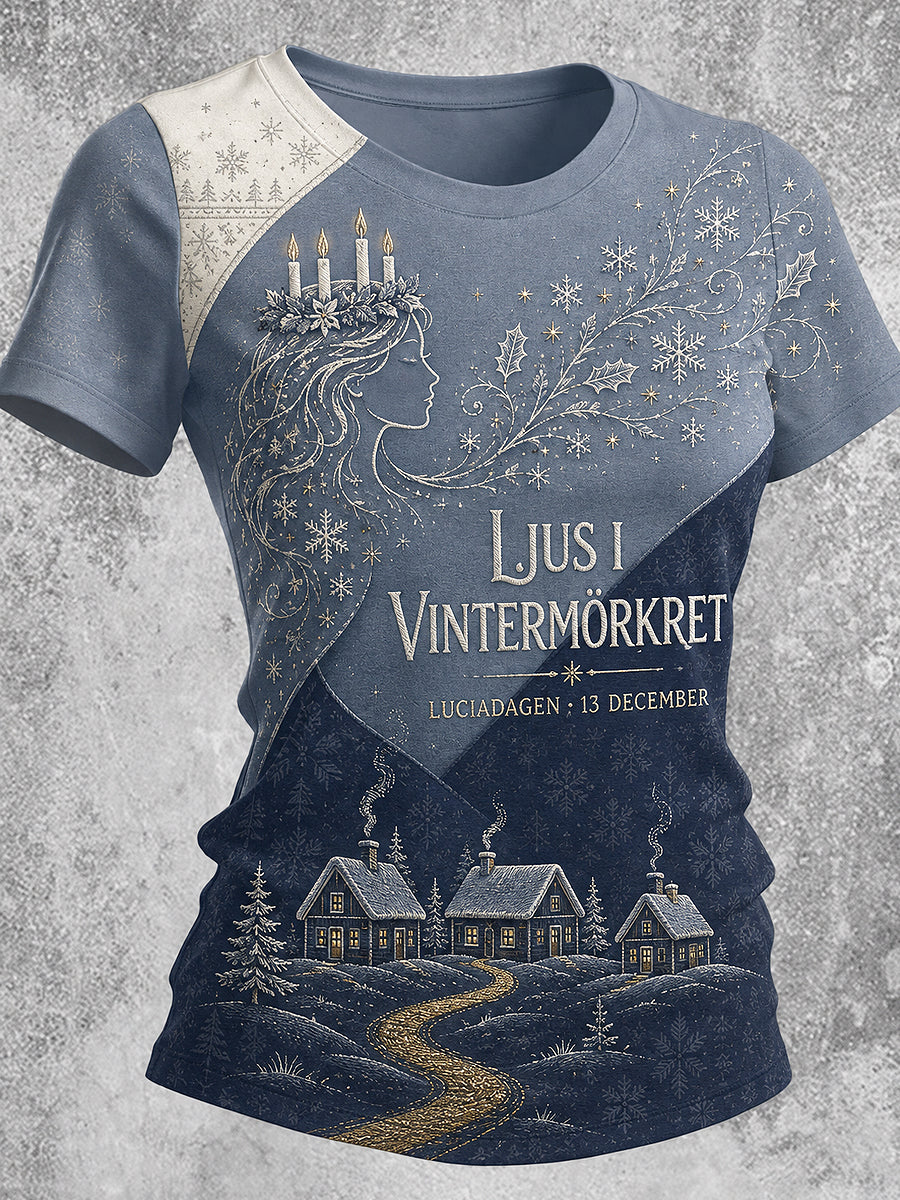 Kvinnlig lucialjusprintad vintage-mode lös t-shirt med kort ärm