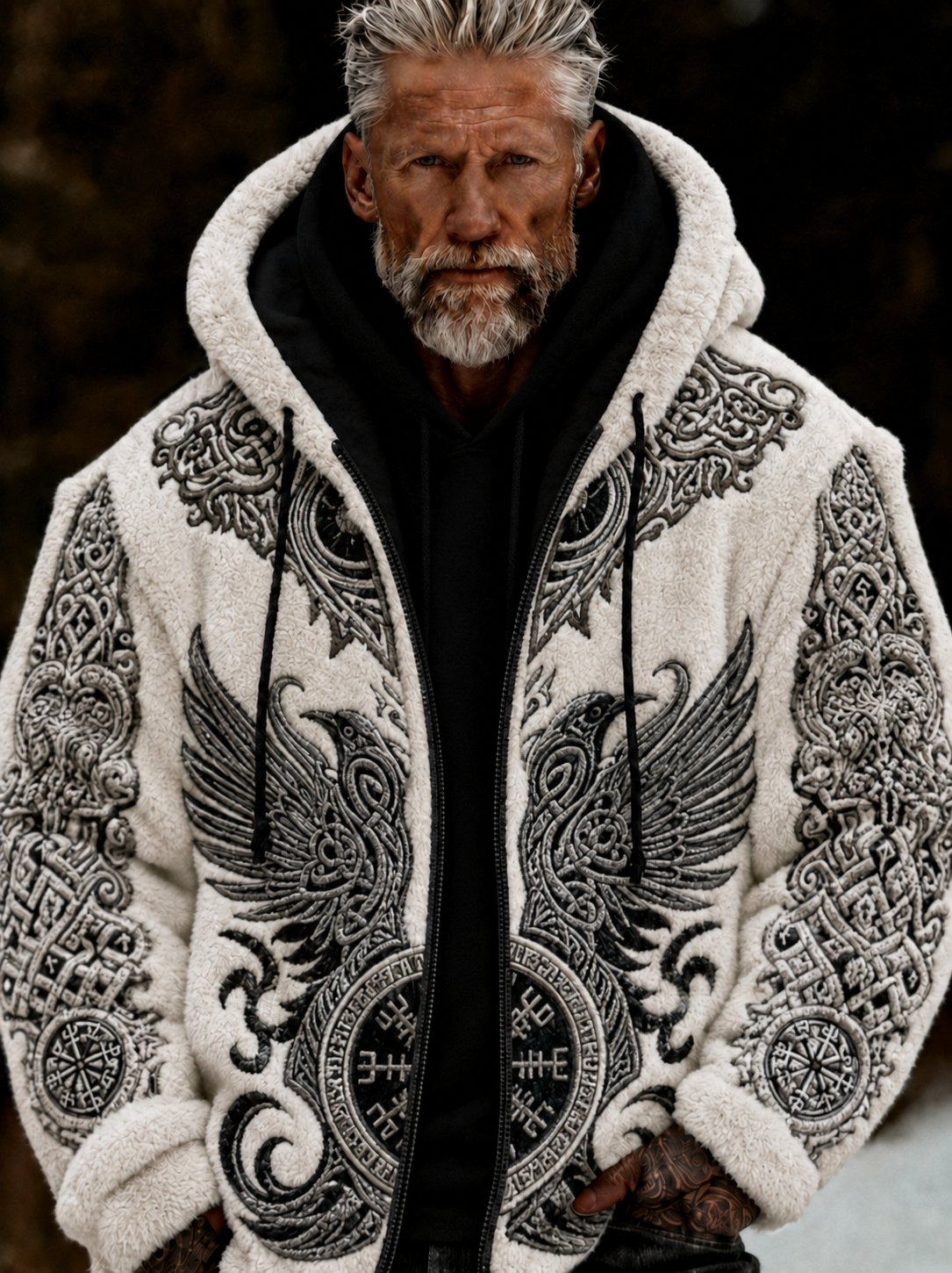 Herrlig viking- och keltiskt inspirerad plyschjacka med dragkedja och huva, mysig och varm