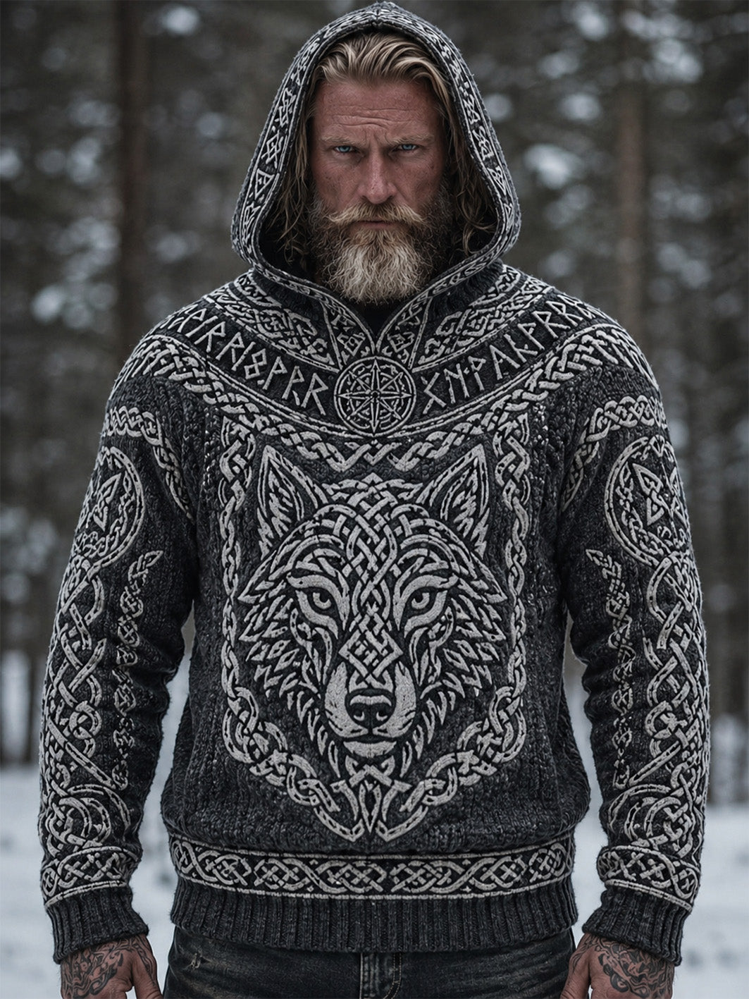 Kvaddad, varm imitationströja för herrar med vikingamönster föreställande en vargskalle