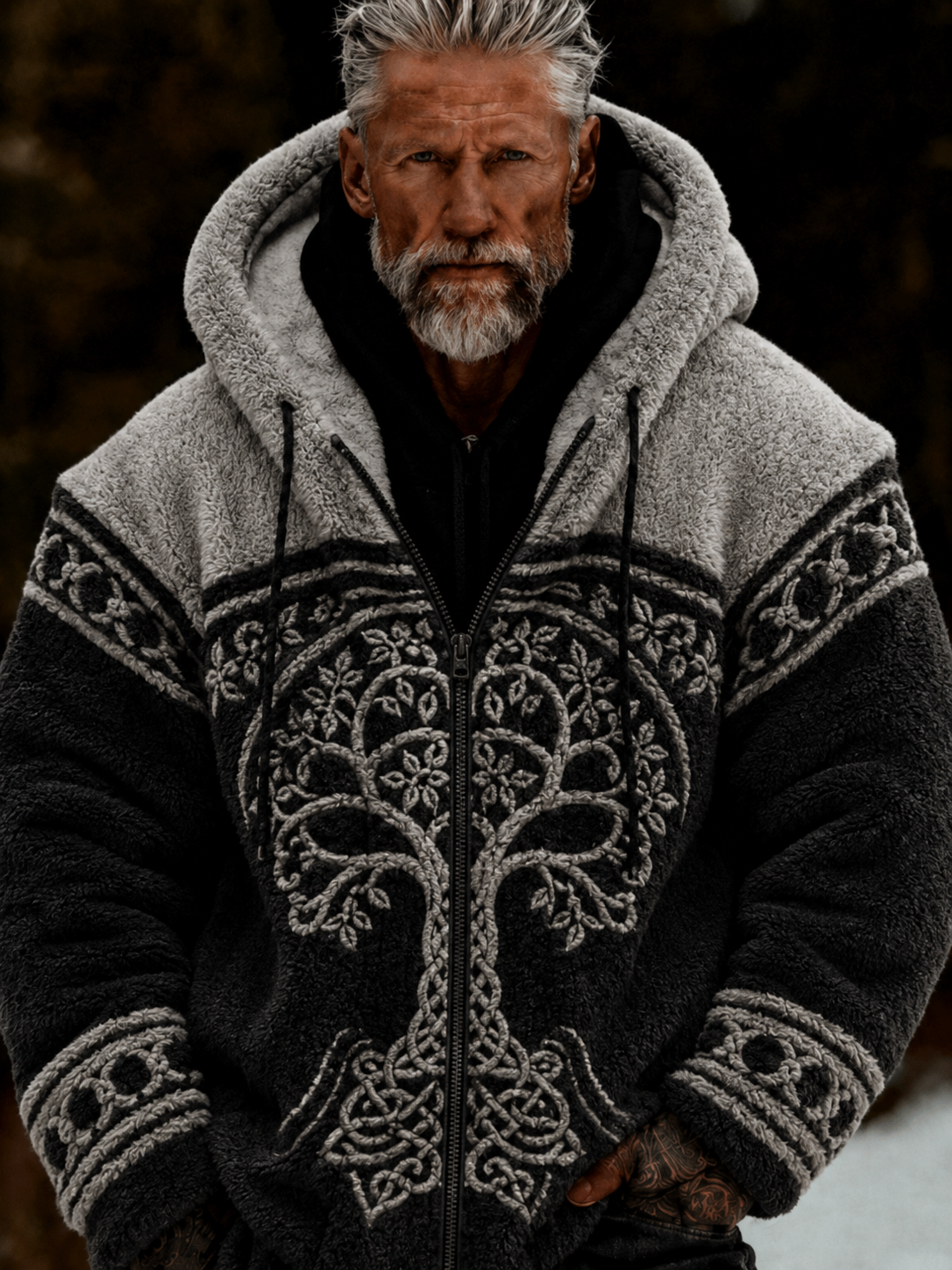 Mans Viking Livets Träd Keltiskt Stil Plysch Mysig Varm Fickjacka Med Dragkedja Och Huva