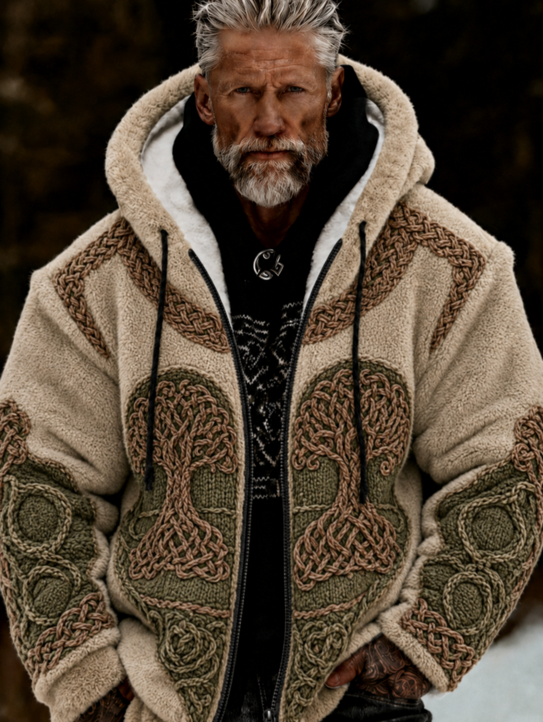 Mans Viking Livets Träd Keltiskt Stil Plysch Mysig Varm Fickjacka Med Dragkedja Och Huva