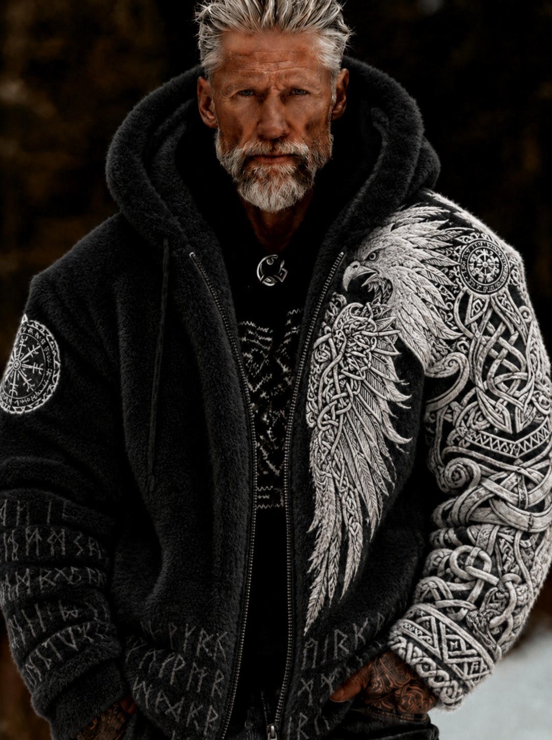 Herrlig viking- och keltiskt inspirerad plyschjacka med dragkedja och huva, mysig och varm