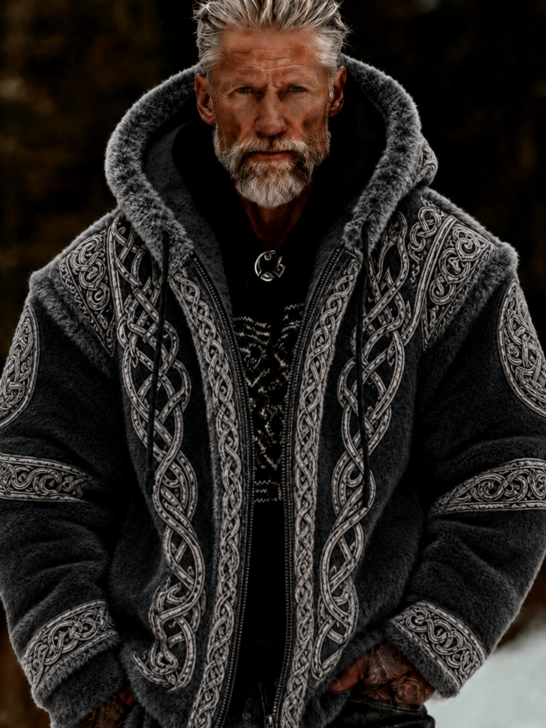 Herrlig viking- och keltiskt inspirerad plyschjacka med dragkedja och huva, mysig och varm