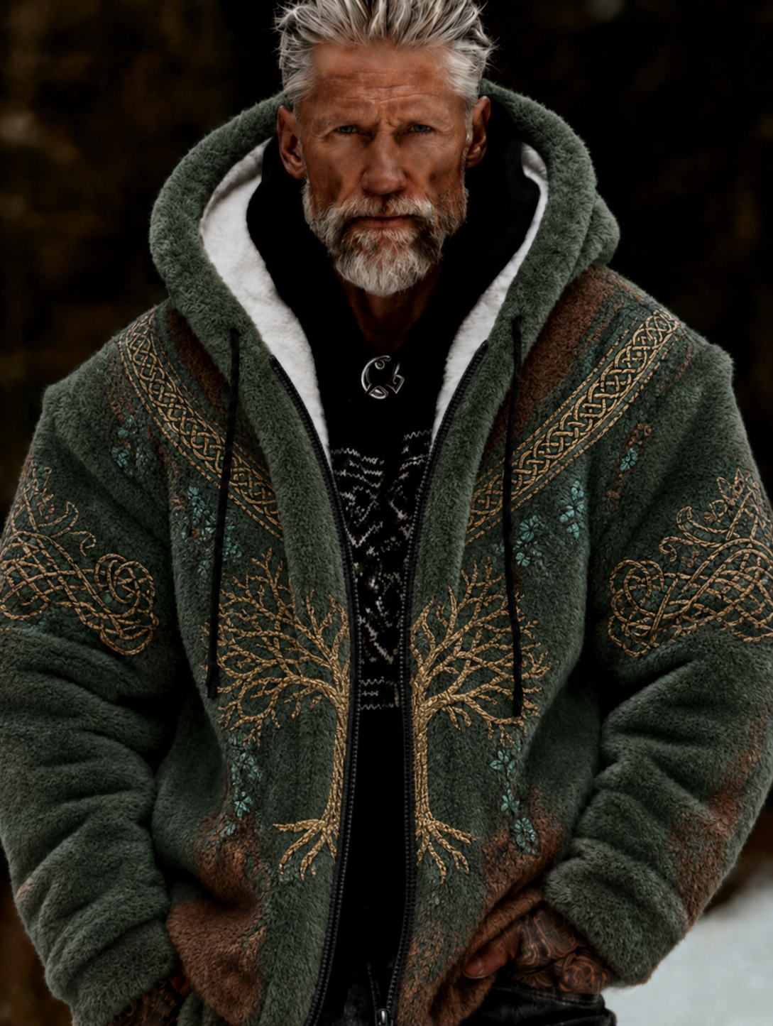 Mans Viking Livets Träd Keltiskt Stil Plysch Mysig Varm Fickjacka Med Dragkedja Och Huva