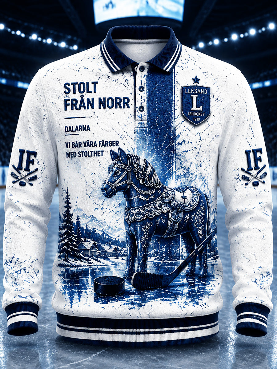 Herrpolotröja i svensk ishockeystil från Leksands IF, tryckt och avslappnad med lång ärm