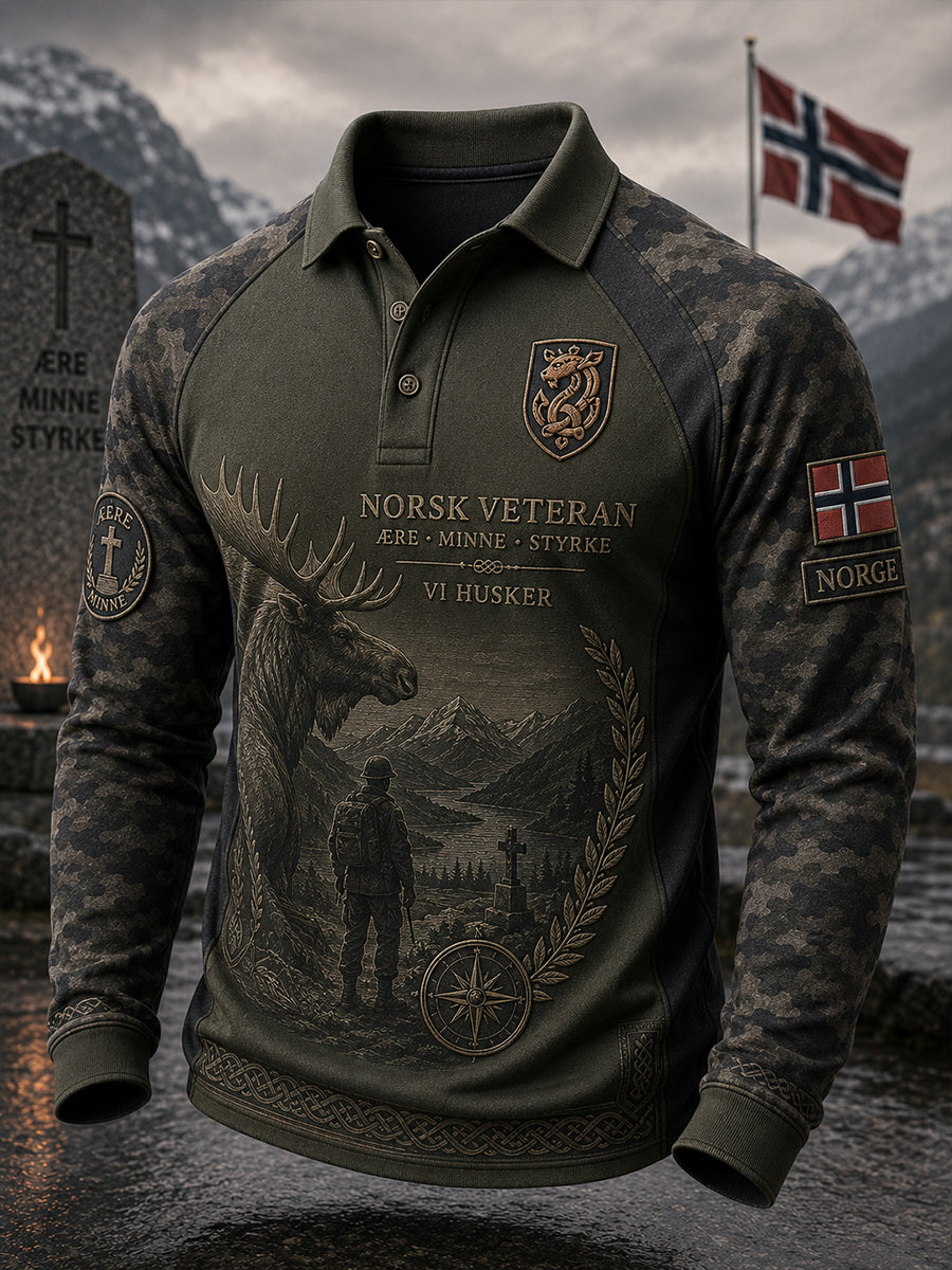Menns vintage militærstil camo- og minnetrykk langtrekket raglanpoloskjorte