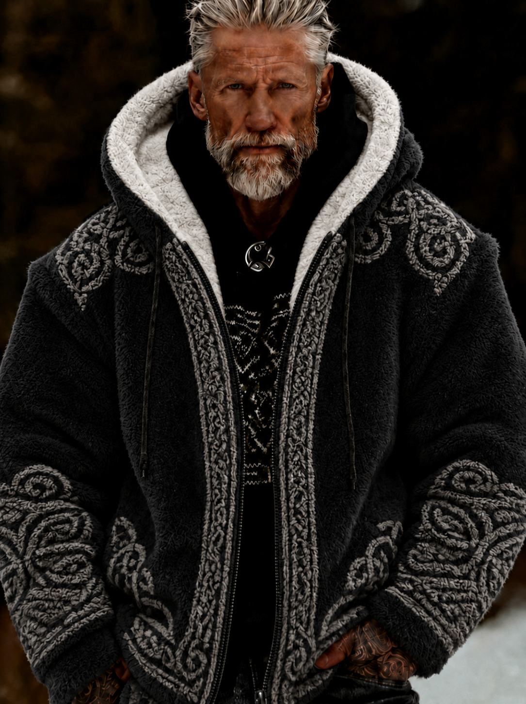Herrlig viking- och keltiskt inspirerad plyschjacka med dragkedja och huva, mysig och varm